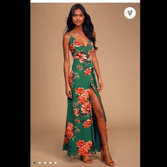 knee length dresses for ladies Berrylush Women Dark Green & Off-White Floral Printed V-Neck Thigh-Hig main image 1